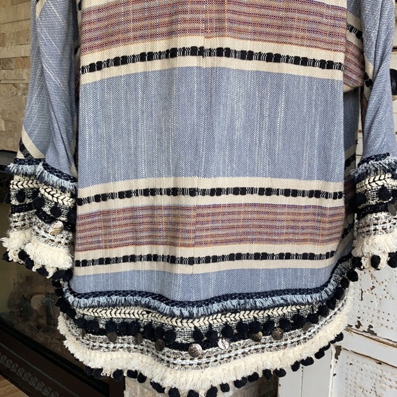 Zara boho kimono open front cardigan gray blue  multi colored pom poms fringe - Picture 12 of 15
